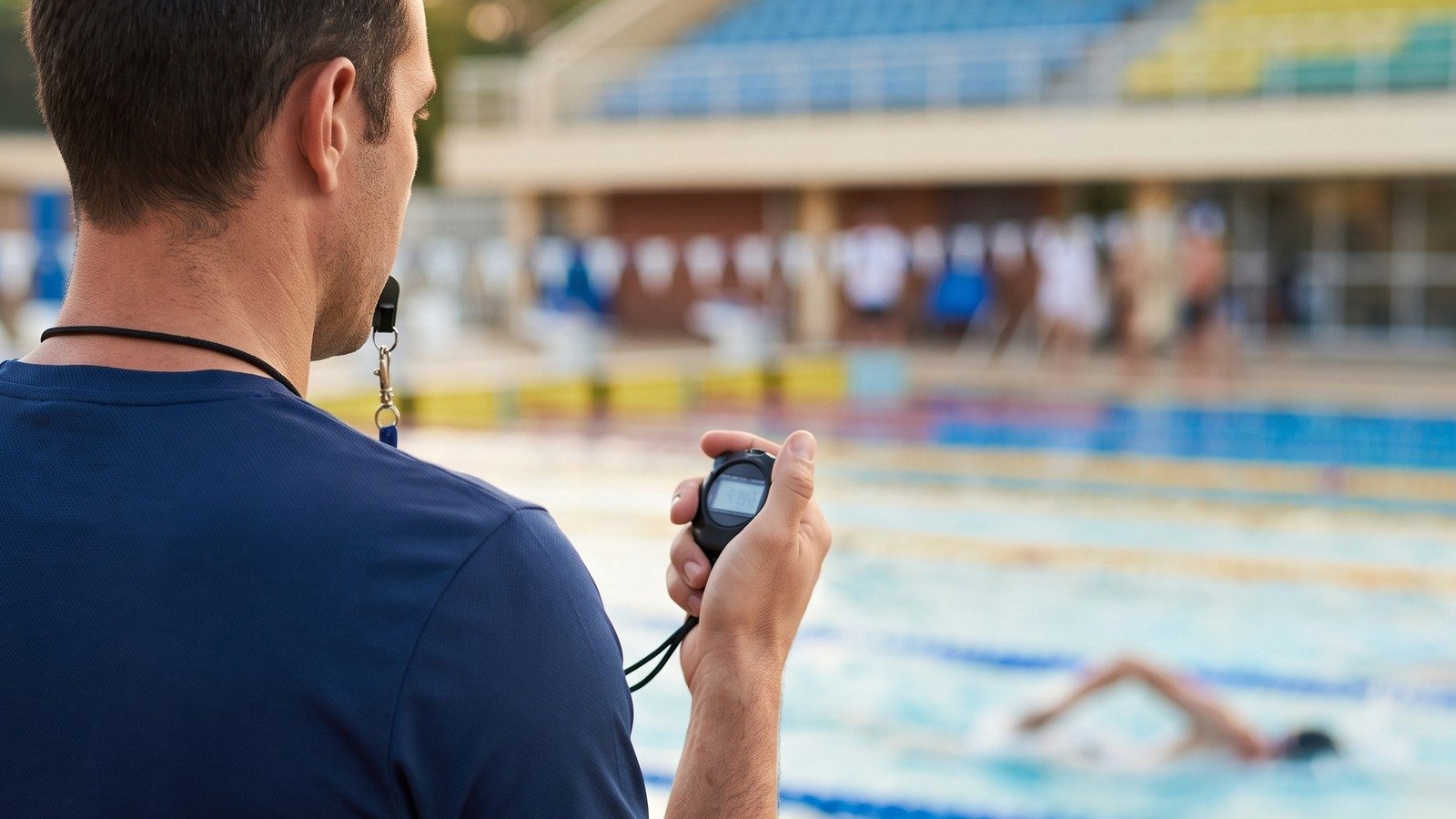 Técnico de natação visto de costas na borda de uma piscina de 50 metros, com cronômetro na mão e prancheta sob o braço, enquanto um atleta nada ao fundo.